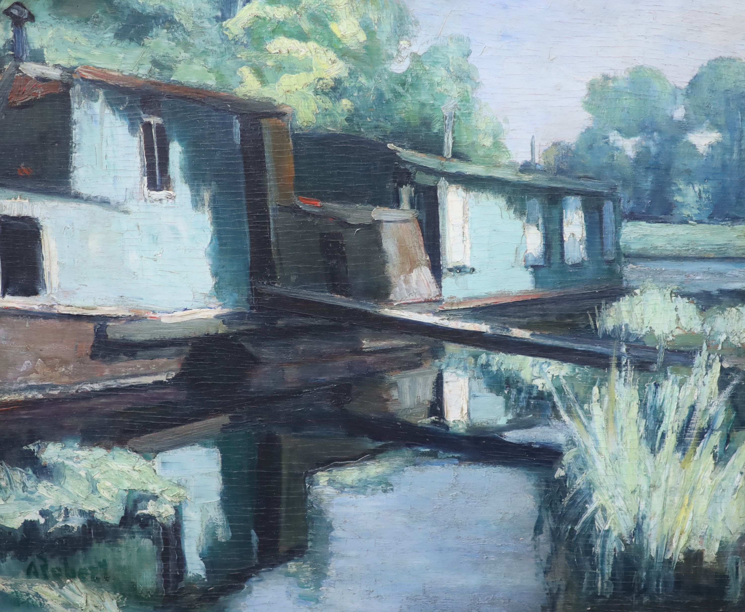 A. Robert (French School), Houseboats on the Seine, Oil on board, 49 x 61cm.